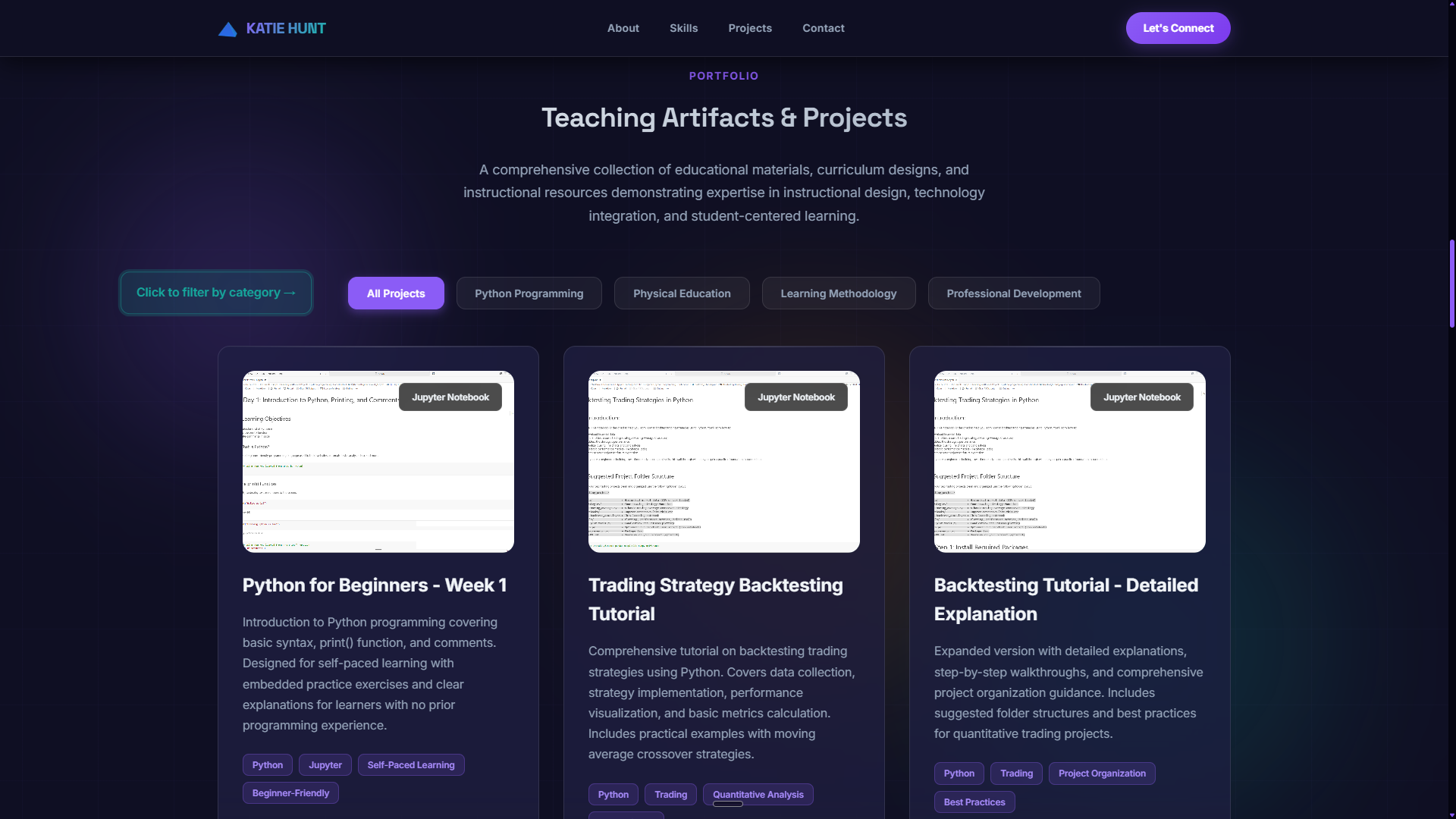 Portfolio section — teaching artifacts with category filters